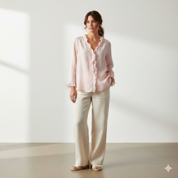 Rosanna Tops - Rosanna Soft Pink 100% Linen Top With Pearl Buttons Size 14